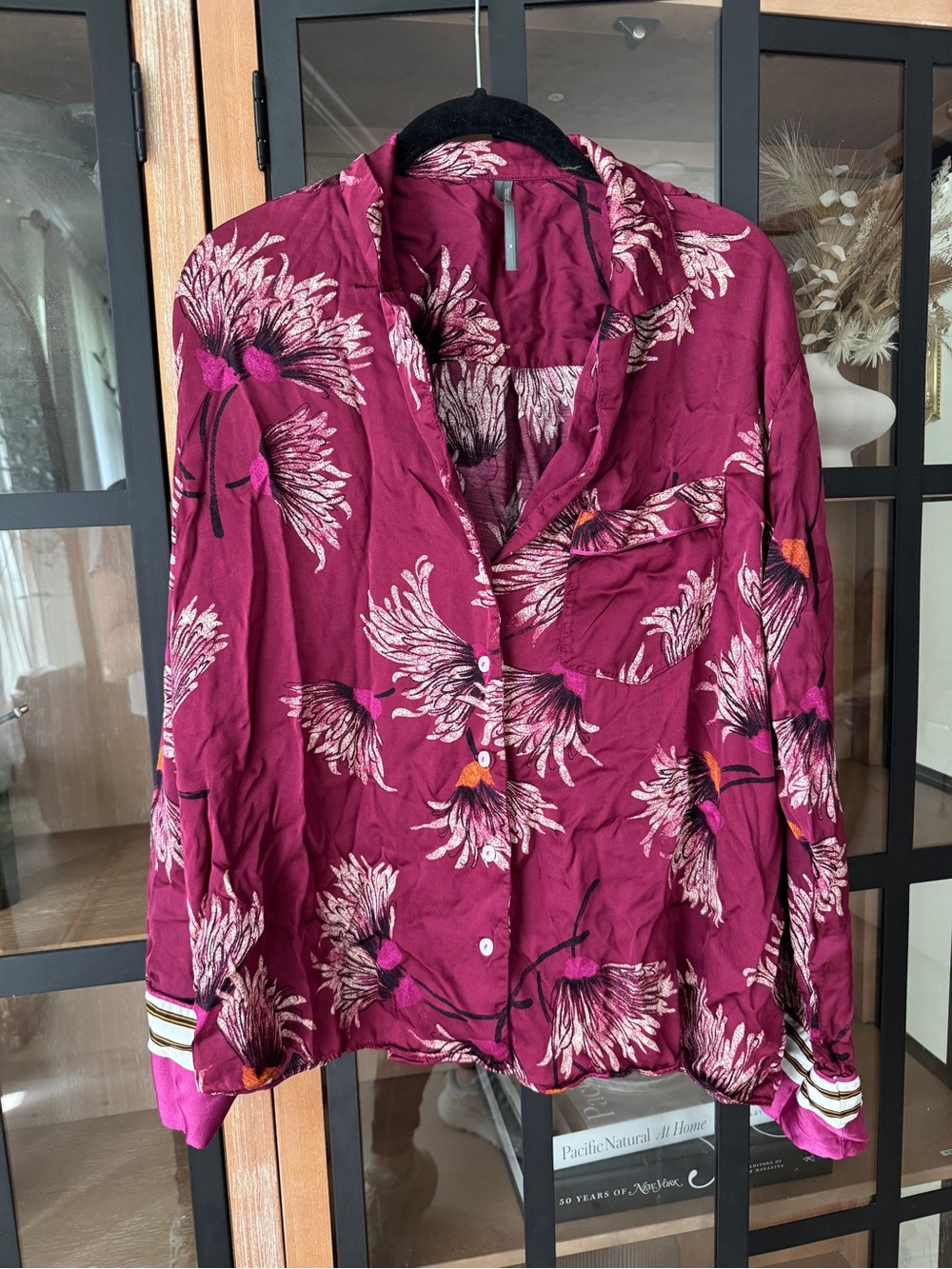Anthropologie pajamas shirt Oversized Button down satin mulberry long sleeve top - Picture 2 of 10